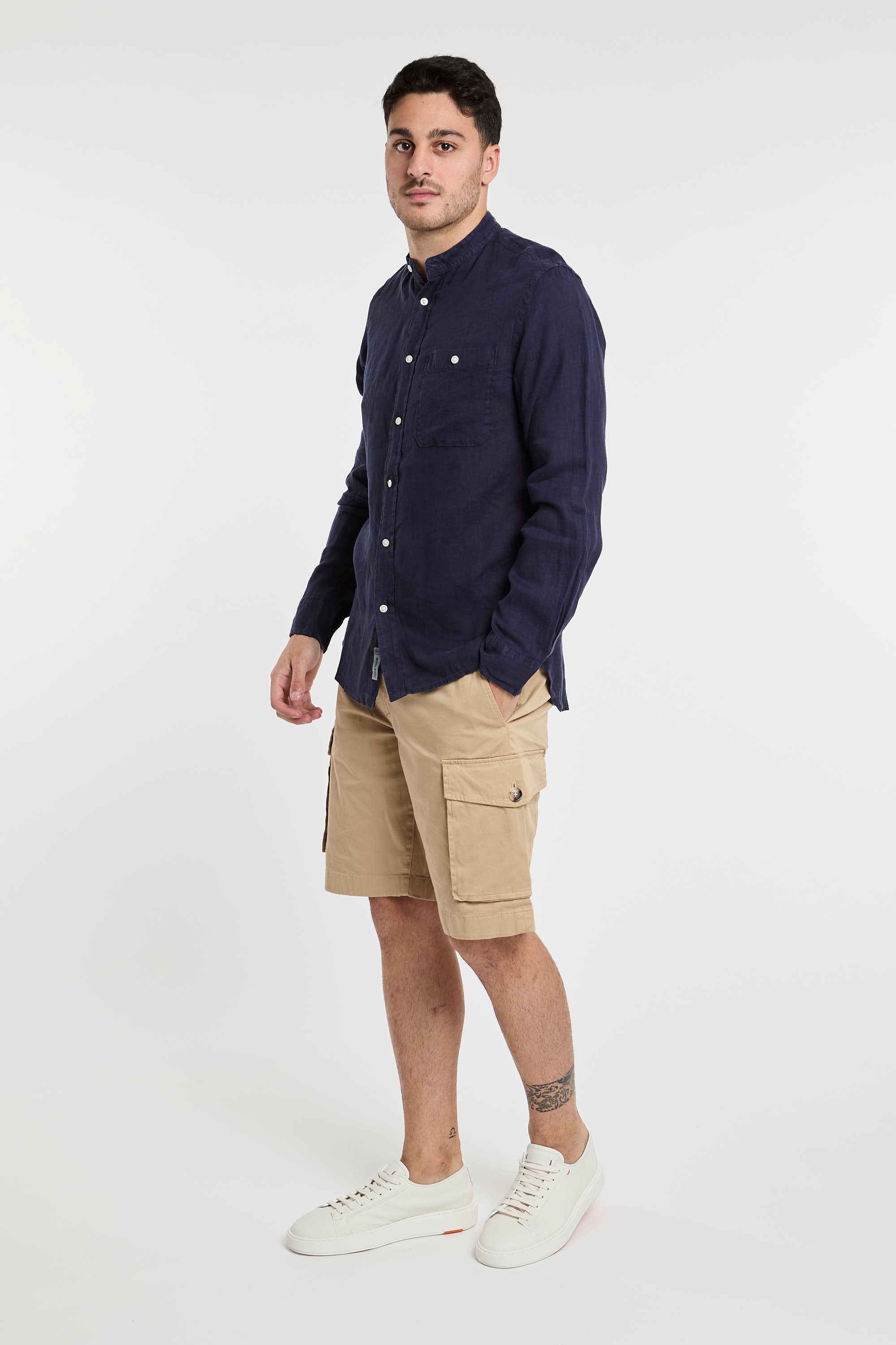 Woolrich Pure Linen Shirt with Mandarin Collar Blue-7