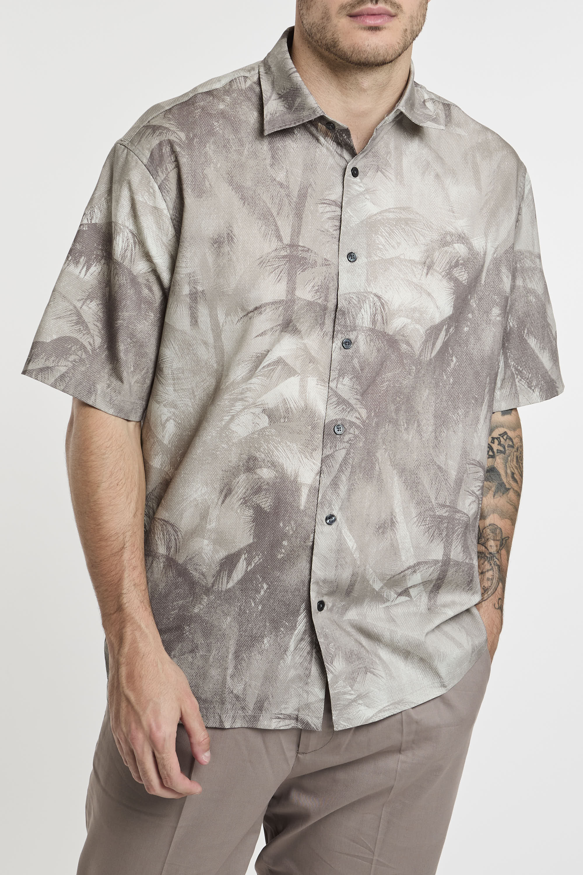 Emporio Armani Over Fit Lyocell/Cotton Shirt with Grey Print-5