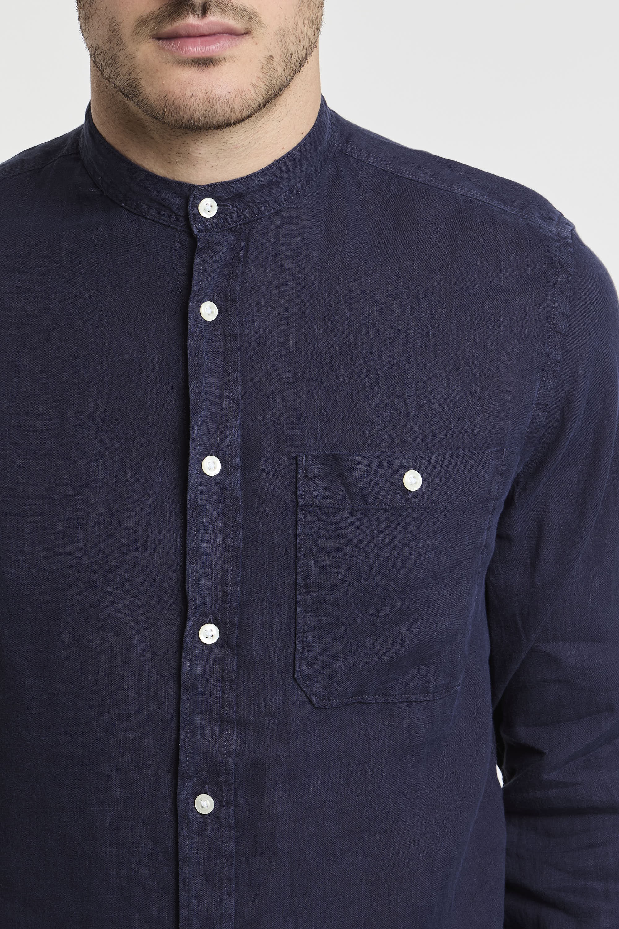 Woolrich Pure Linen Shirt with Mandarin Collar Blue-1