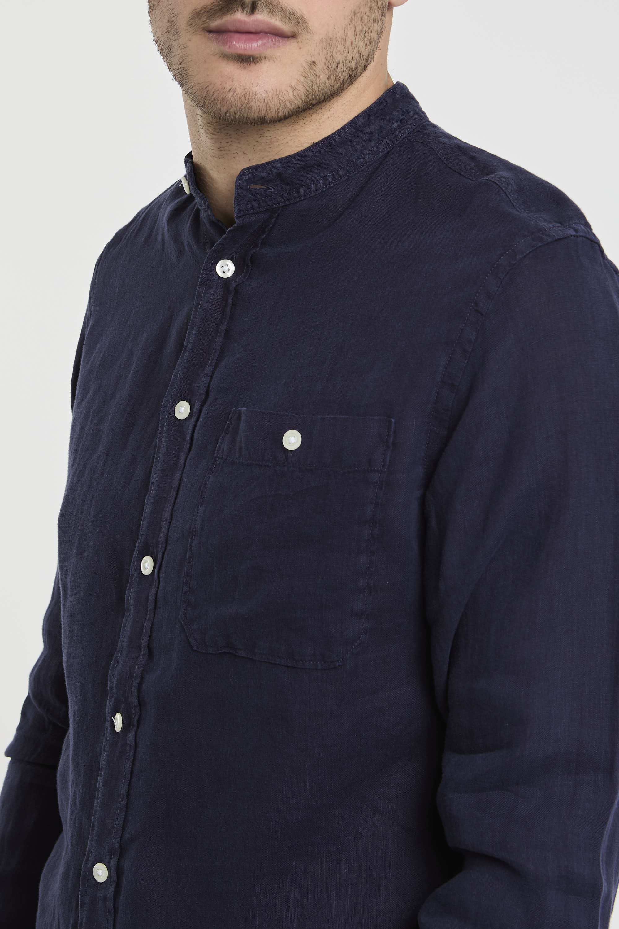 Woolrich Pure Linen Shirt with Mandarin Collar Blue-3