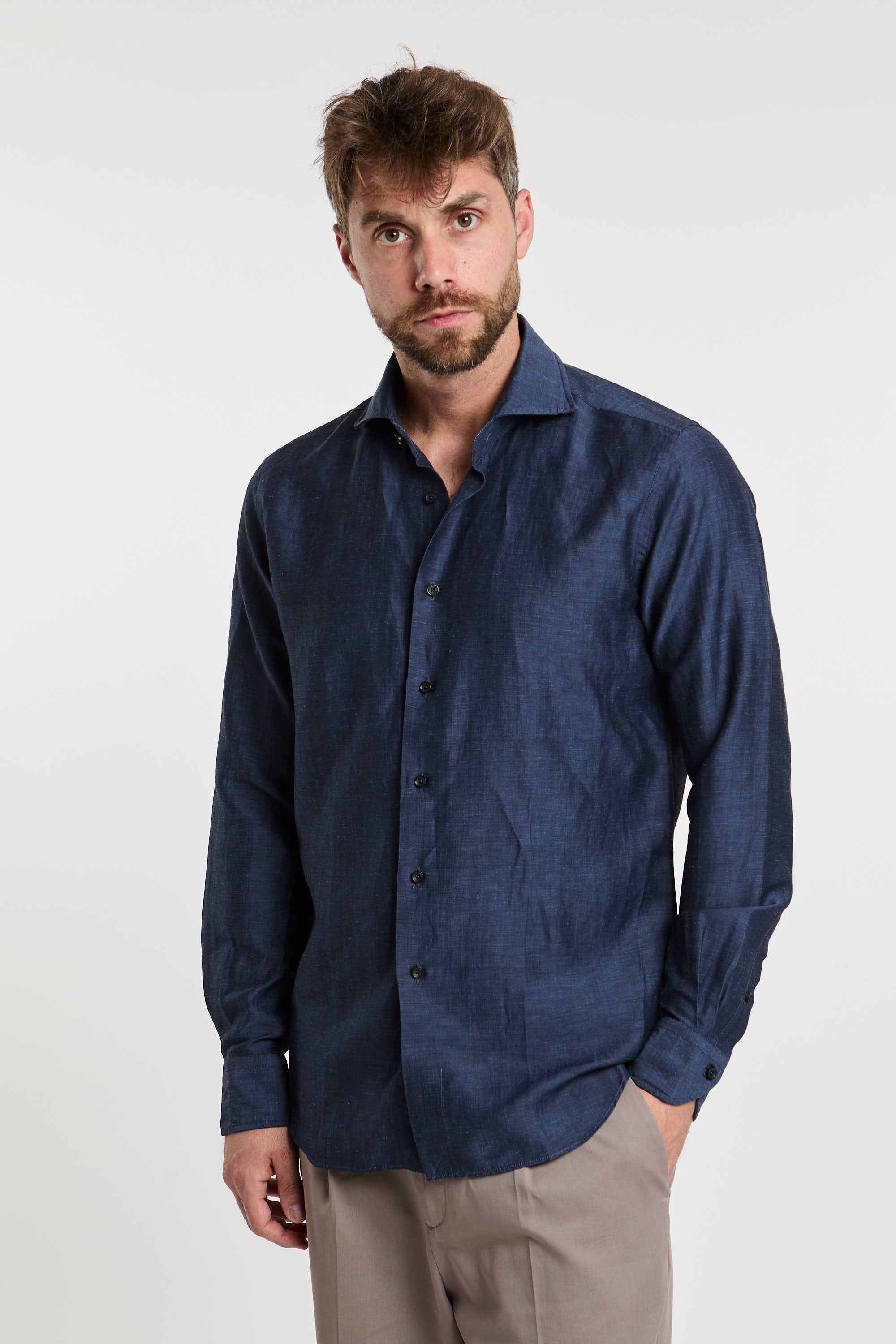 Xacus Wool/Linen Blend Shirt Blue-3