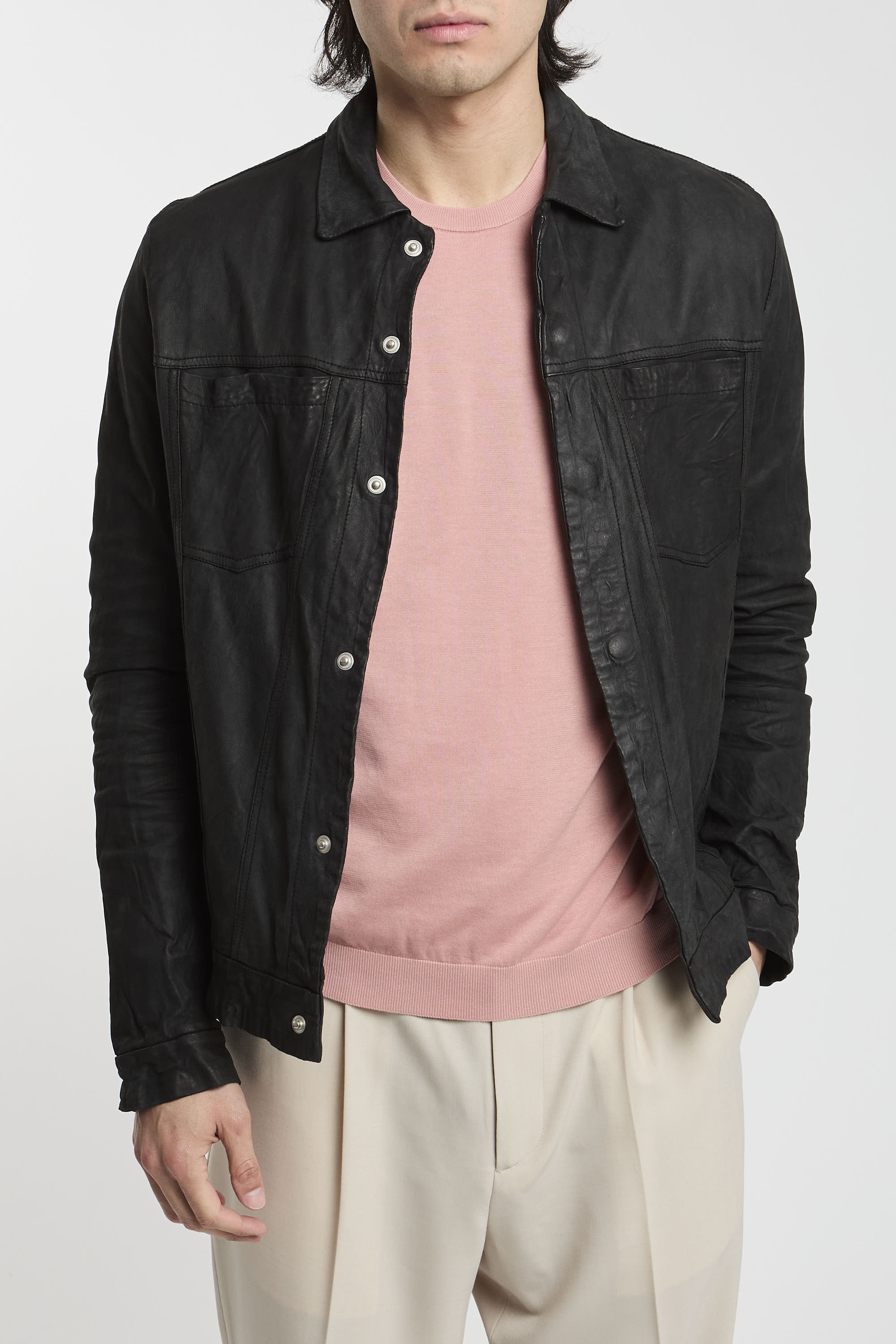 Giorgio Brato Leather Jacket with Shirt Effect Black-7