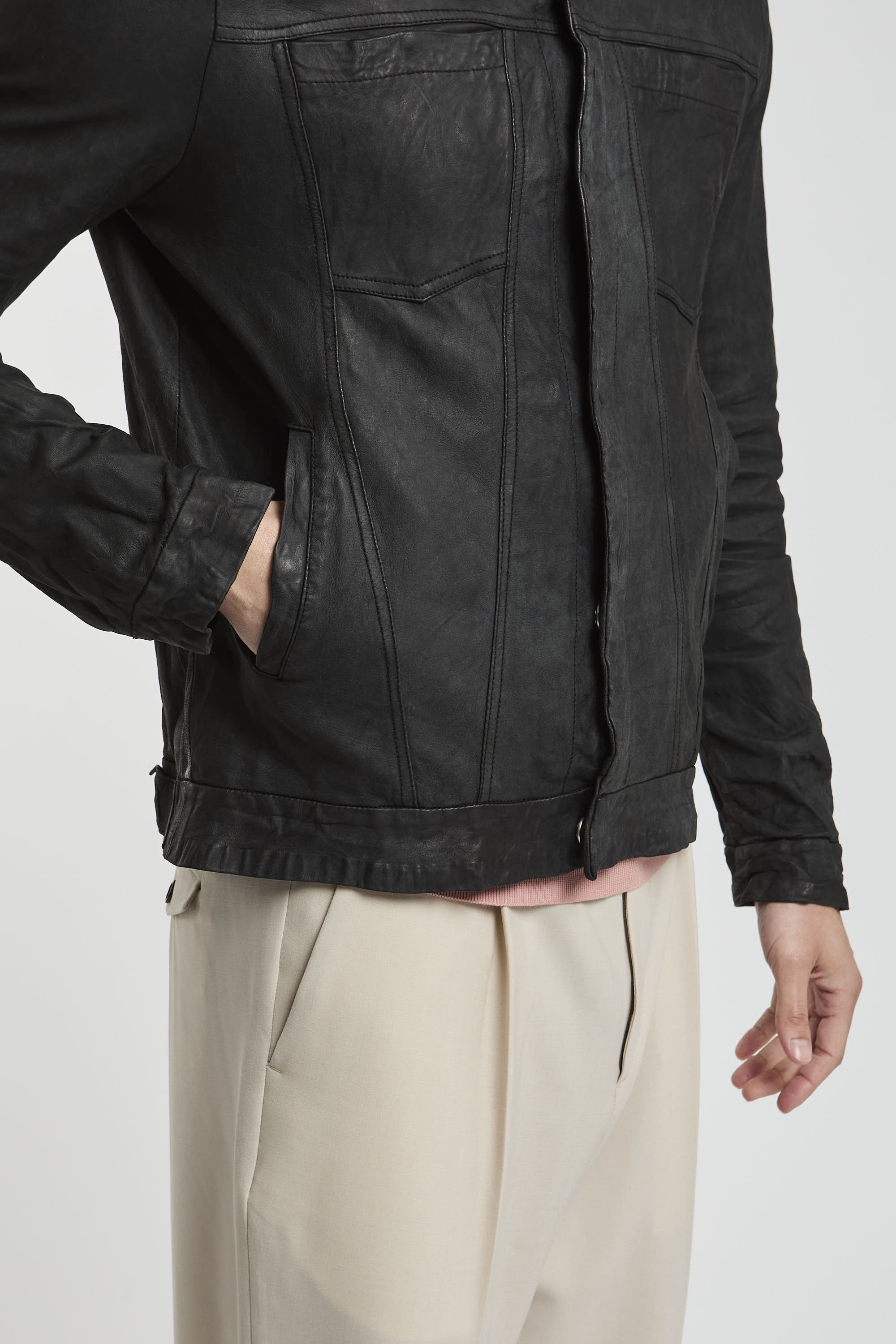 Giorgio Brato Leather Jacket with Shirt Effect Black-6