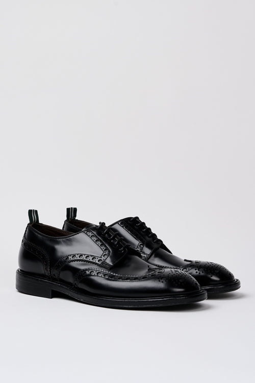 Green George Brogue Perforated Black Leather Shoe-2