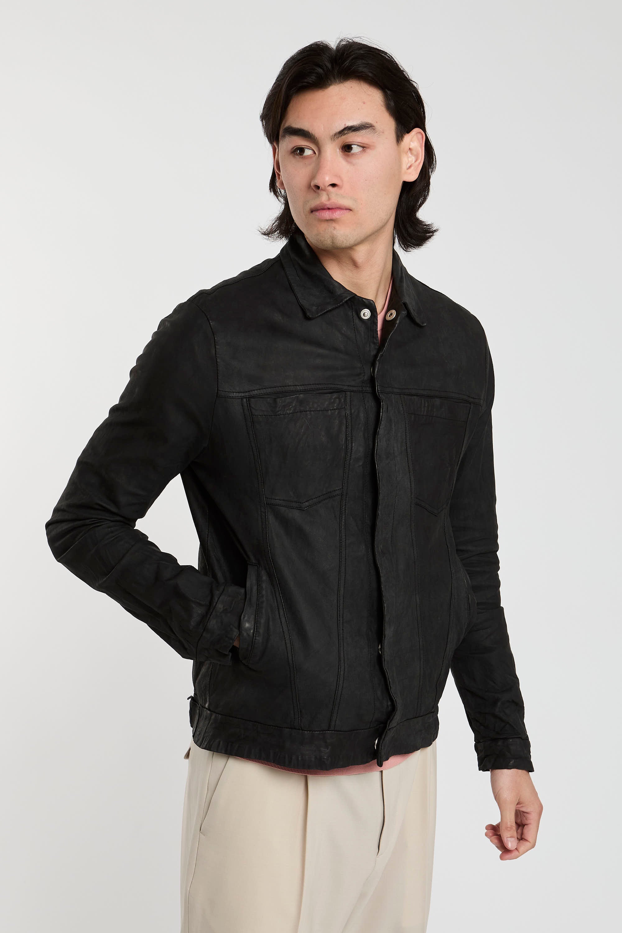Giorgio Brato Leather Jacket with Shirt Effect Black-4