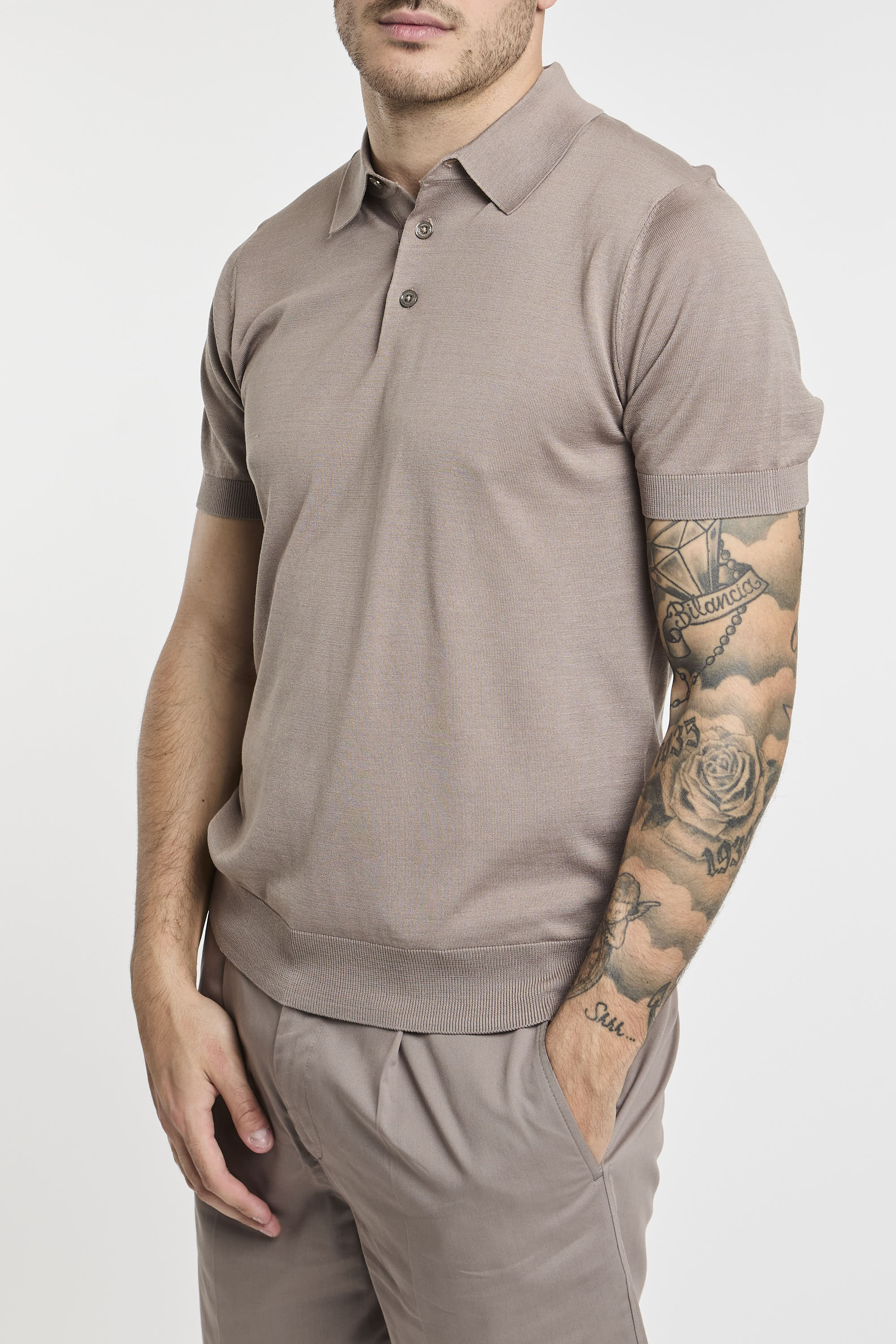 Paolo Pecora Silk and Cotton Blend Polo in Taupe-4