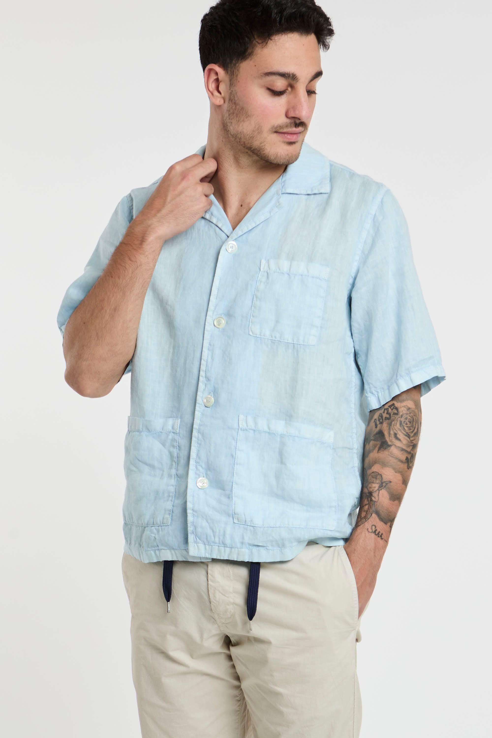 Aspesi Linen Bowling Shirt in Blue-1