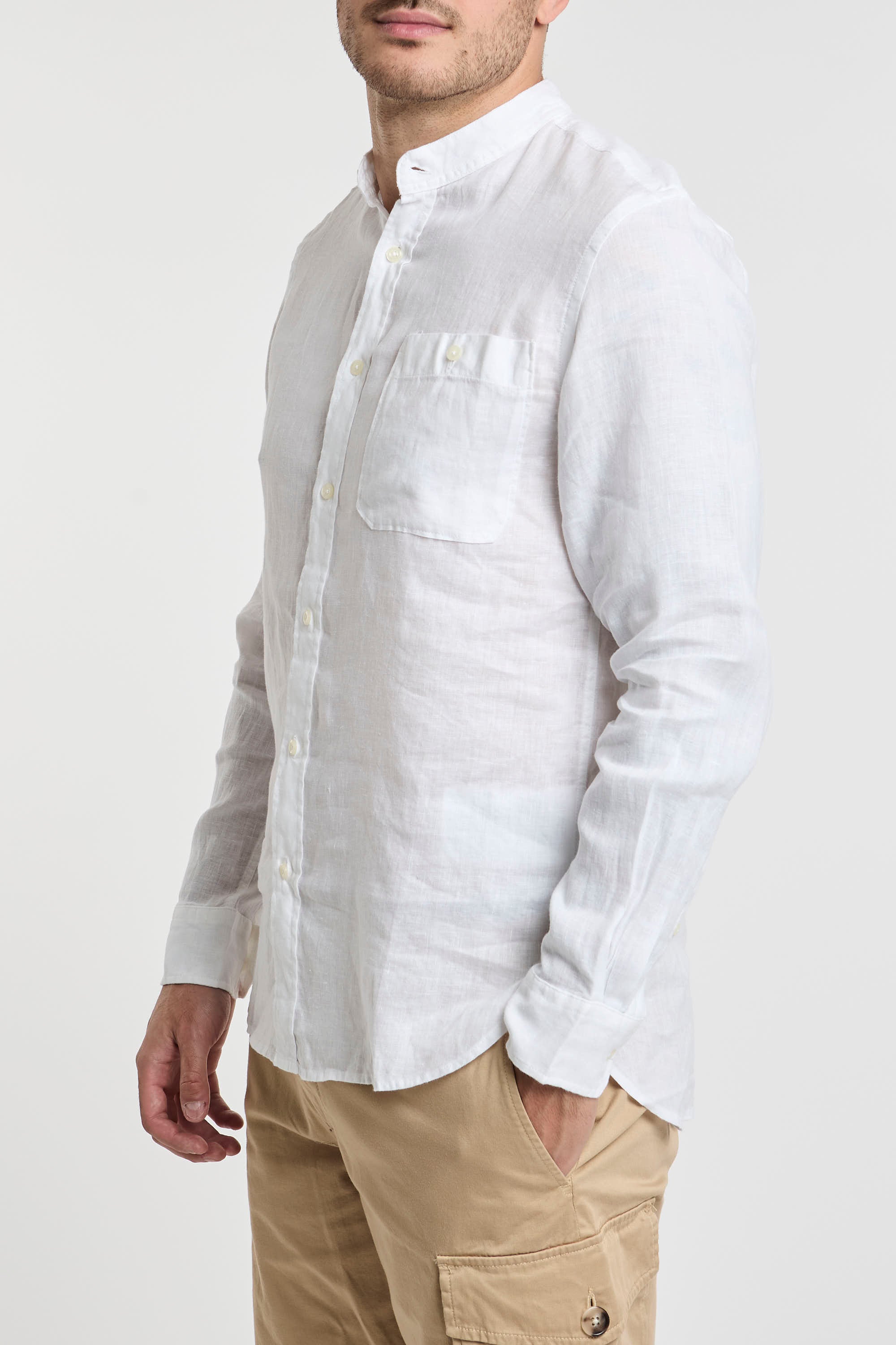 Woolrich Mandarin Collar Pure Linen Shirt White-3