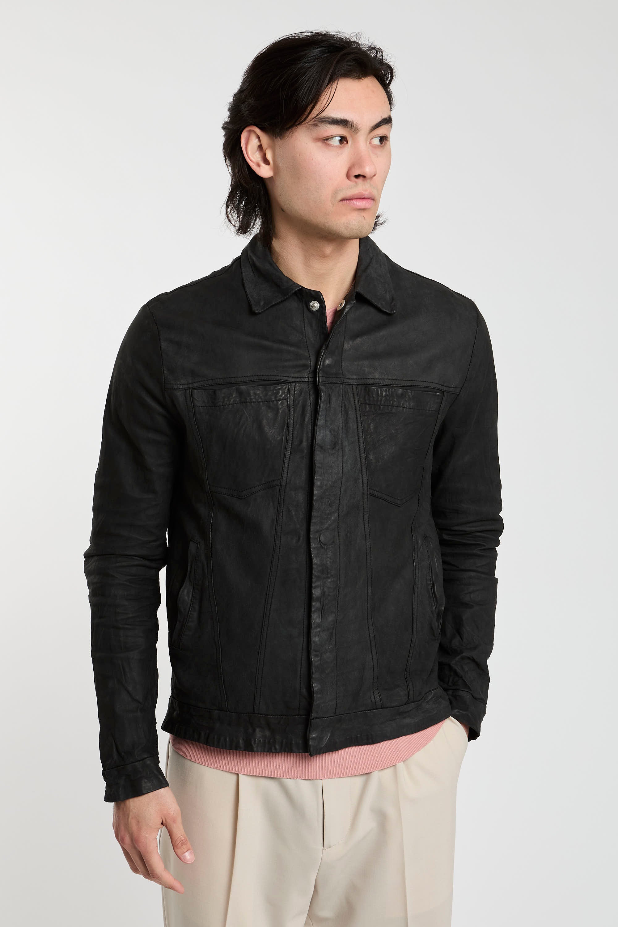 Giorgio Brato Leather Jacket with Shirt Effect Black-3