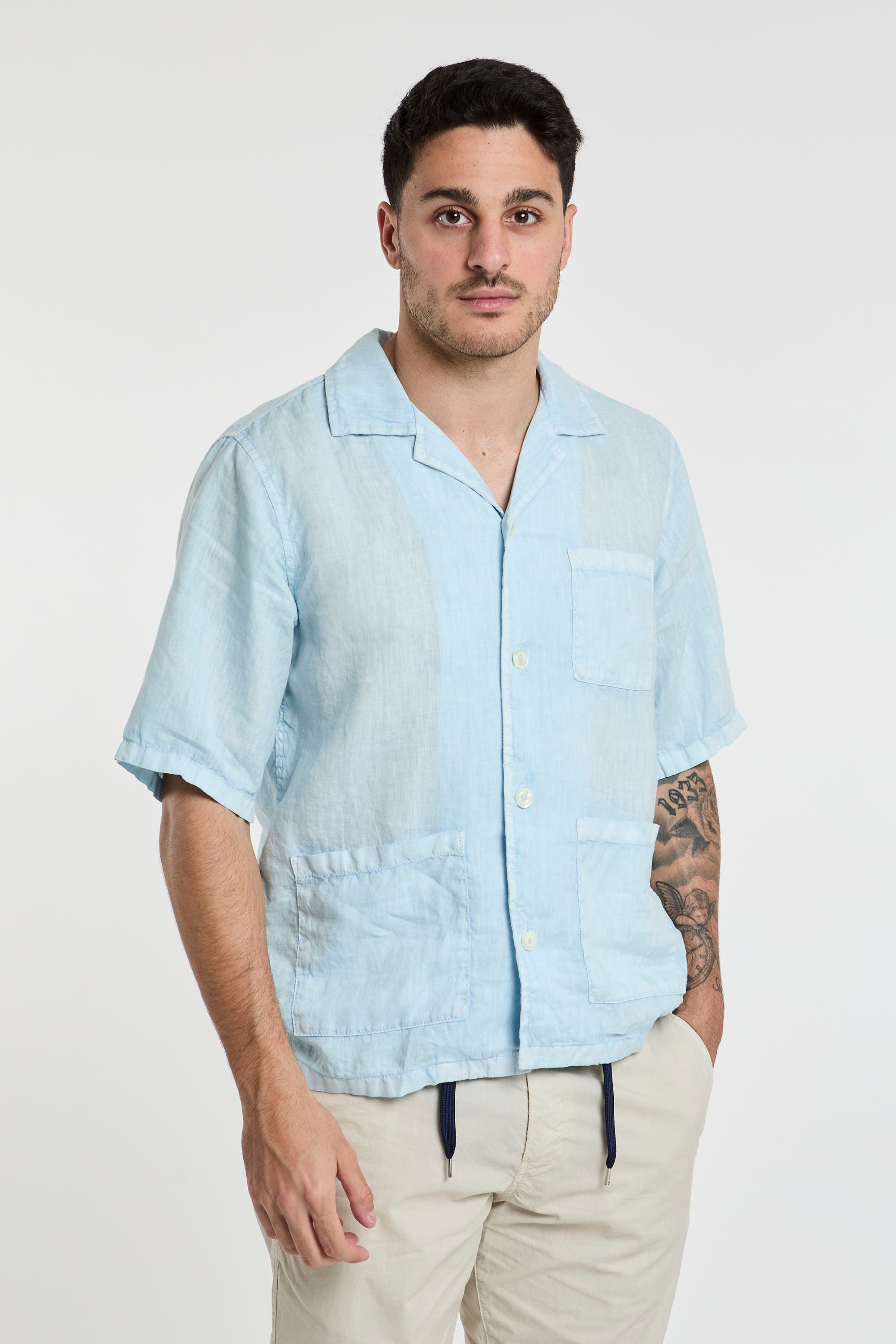 Aspesi Linen Bowling Shirt in Blue-3