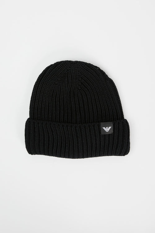 Emporio Armani Beanie Mütze aus reiner Schurwolle in Schwarz