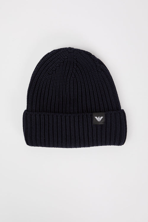 Emporio Armani Virgin Wool Knit Beanie in Blue