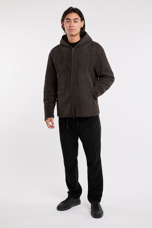 Montone loose fit con cappuccio in shearling di agnello merino scamosciato-2