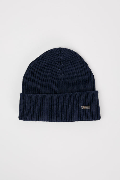 Herno Ribbed Beanie in Viscose/Polyamide/Wool Blue