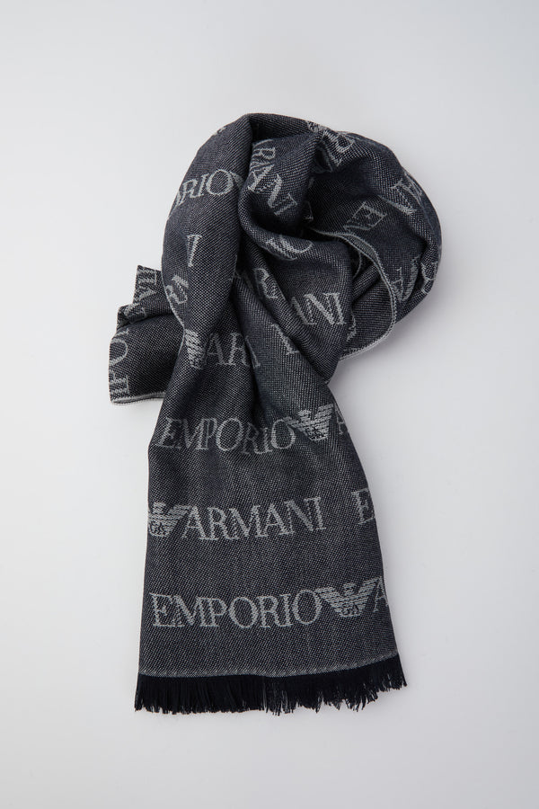 Virgin wool blend scarf with jacquard lettering logo and fringes - 1