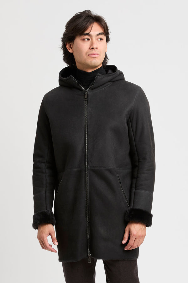 Montone lungo con cappuccio in pelle d'agnello - 1