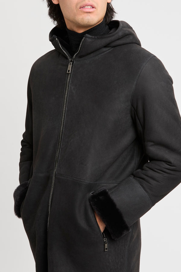 Montone lungo con cappuccio in pelle d'agnello - 5