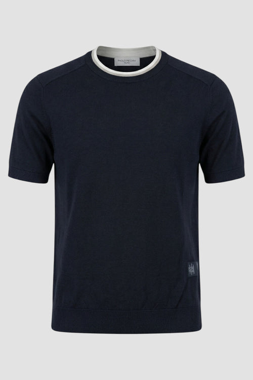 Crew-neck silk and cotton top with contrasting trim