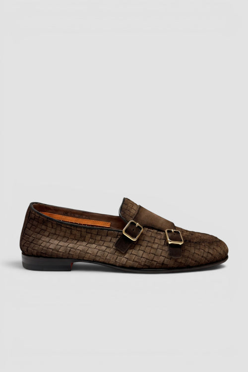 Mocassino doppia fibbia in suede intrecciato