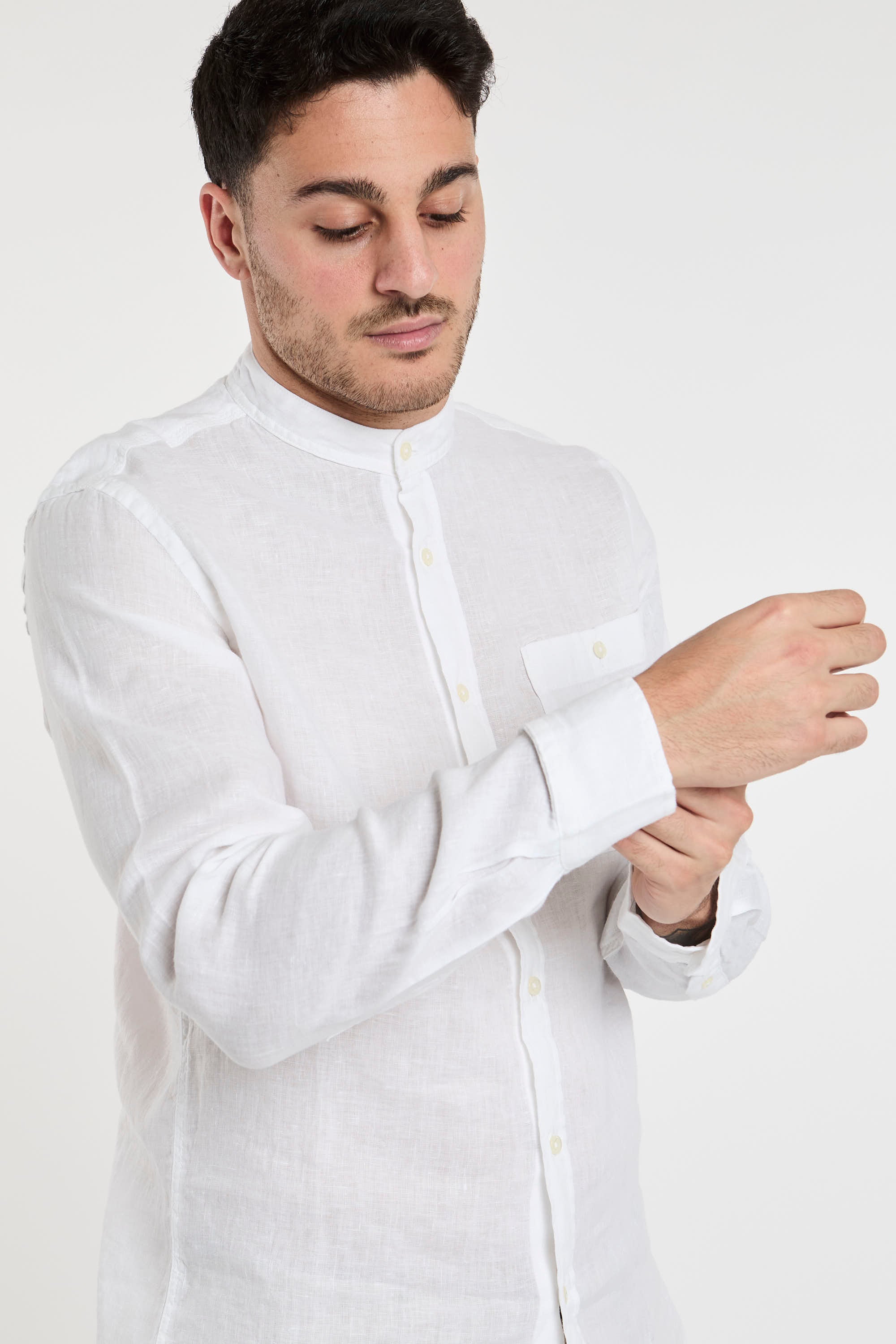 Woolrich Mandarin Collar Pure Linen Shirt White-5
