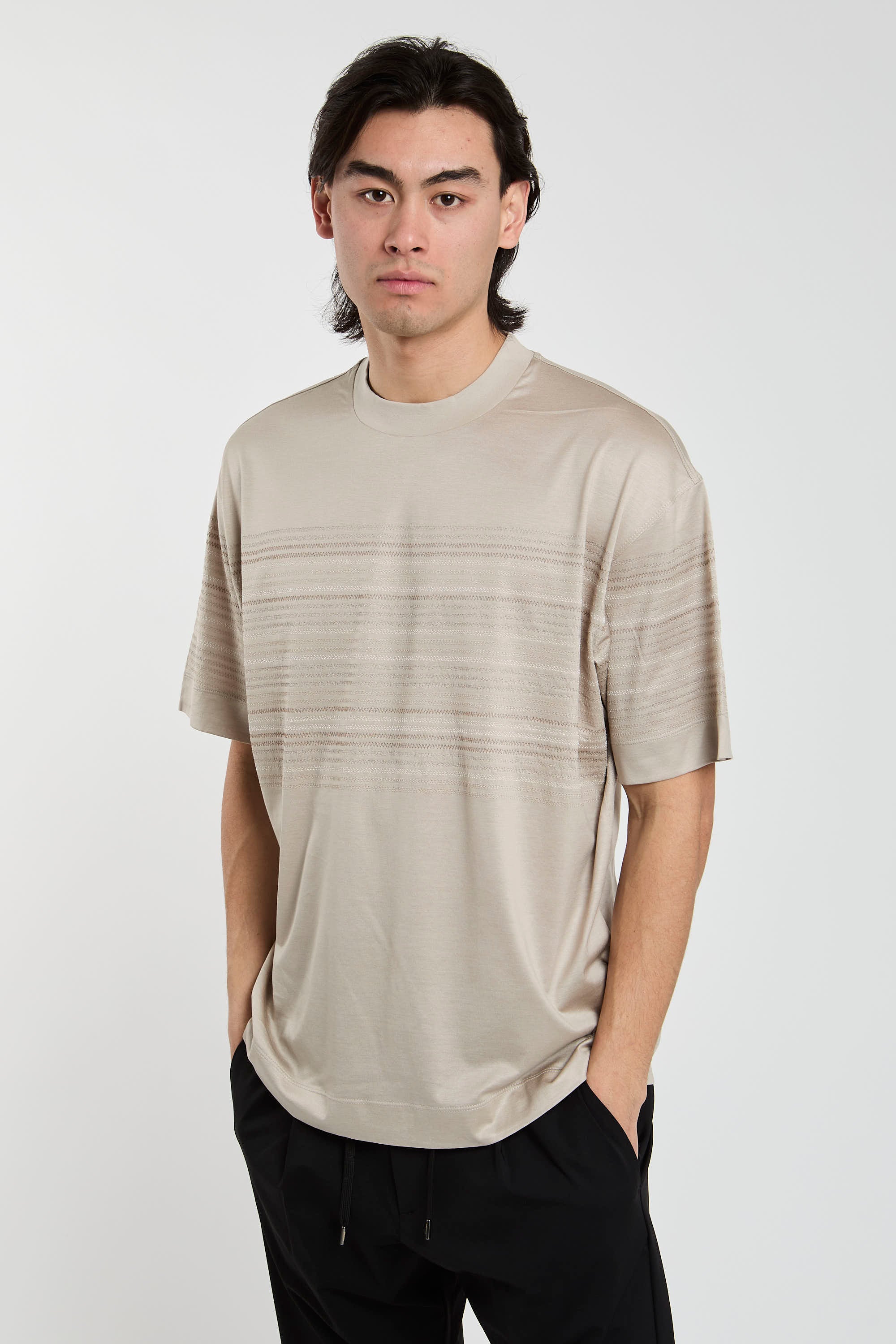 Emporio Armani Silver T-Shirt in Cotton and Lyocell Blend Jersey-3