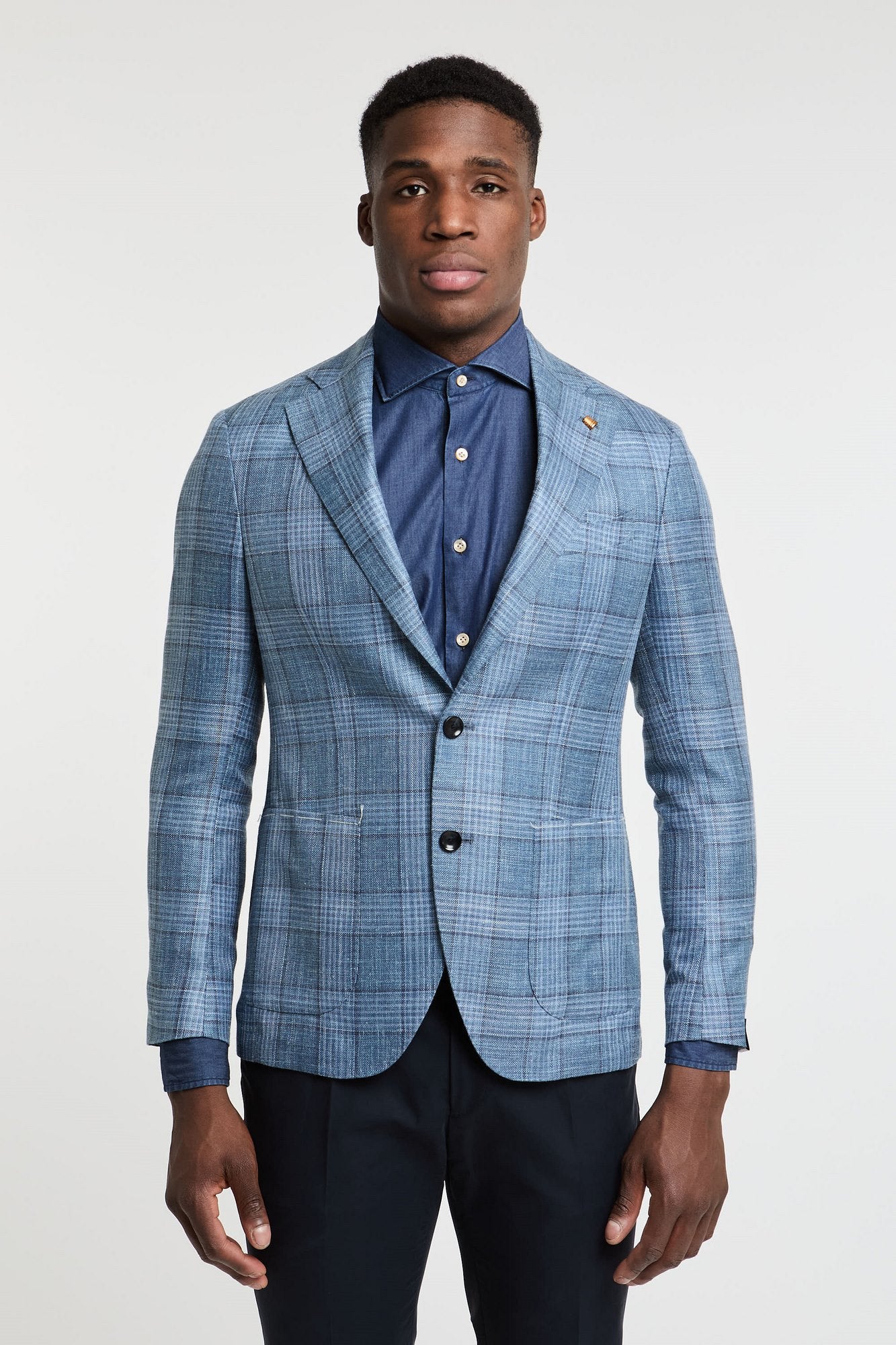 Latorre Jacket Prince of Wales Mixed Wool/Silk/Linen Light Blue-3
