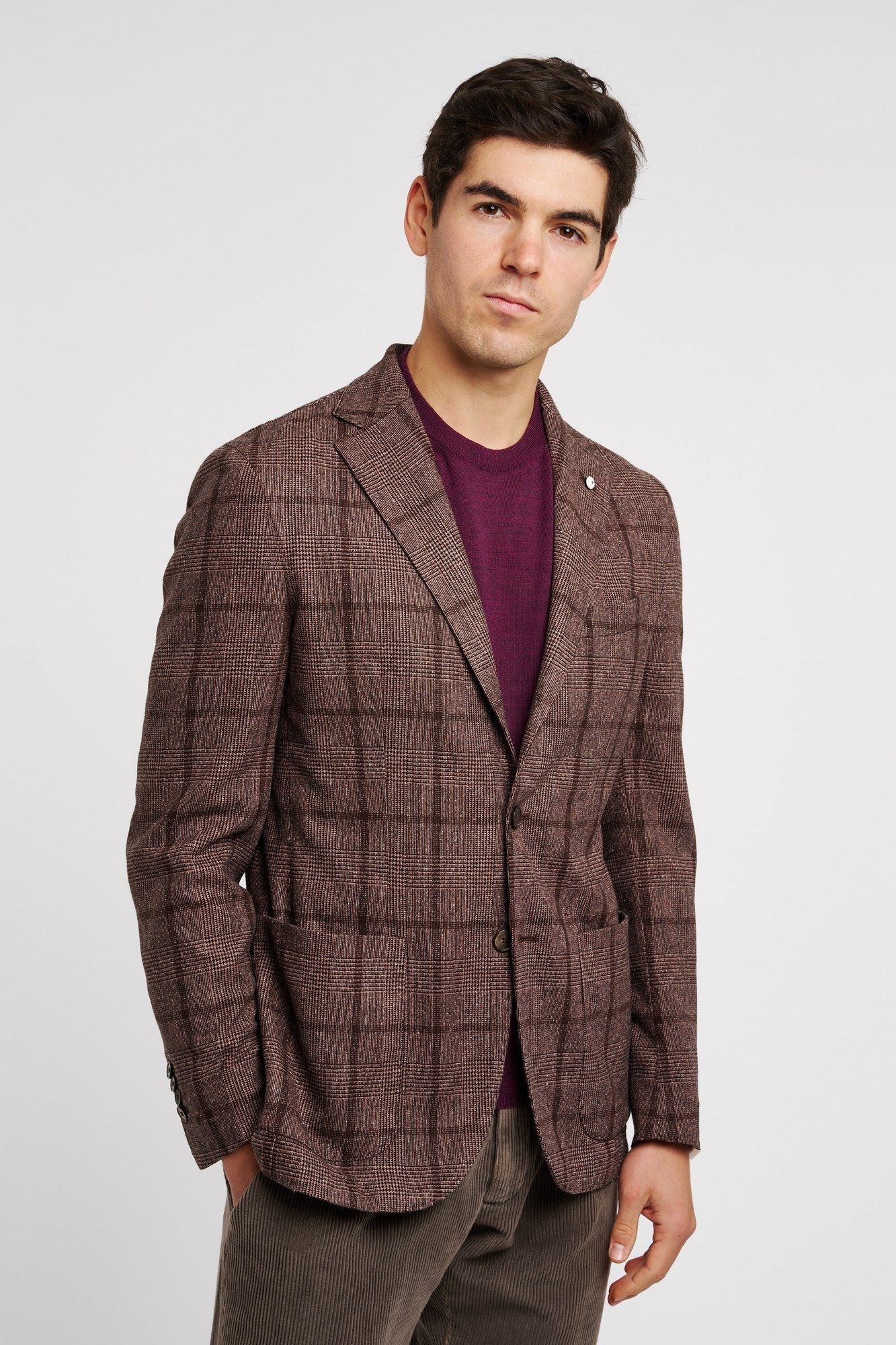 L.B.M. 1911 Single-Breasted Mixed Wool/Cotton/Silk Brown Houndstooth Jacket-4