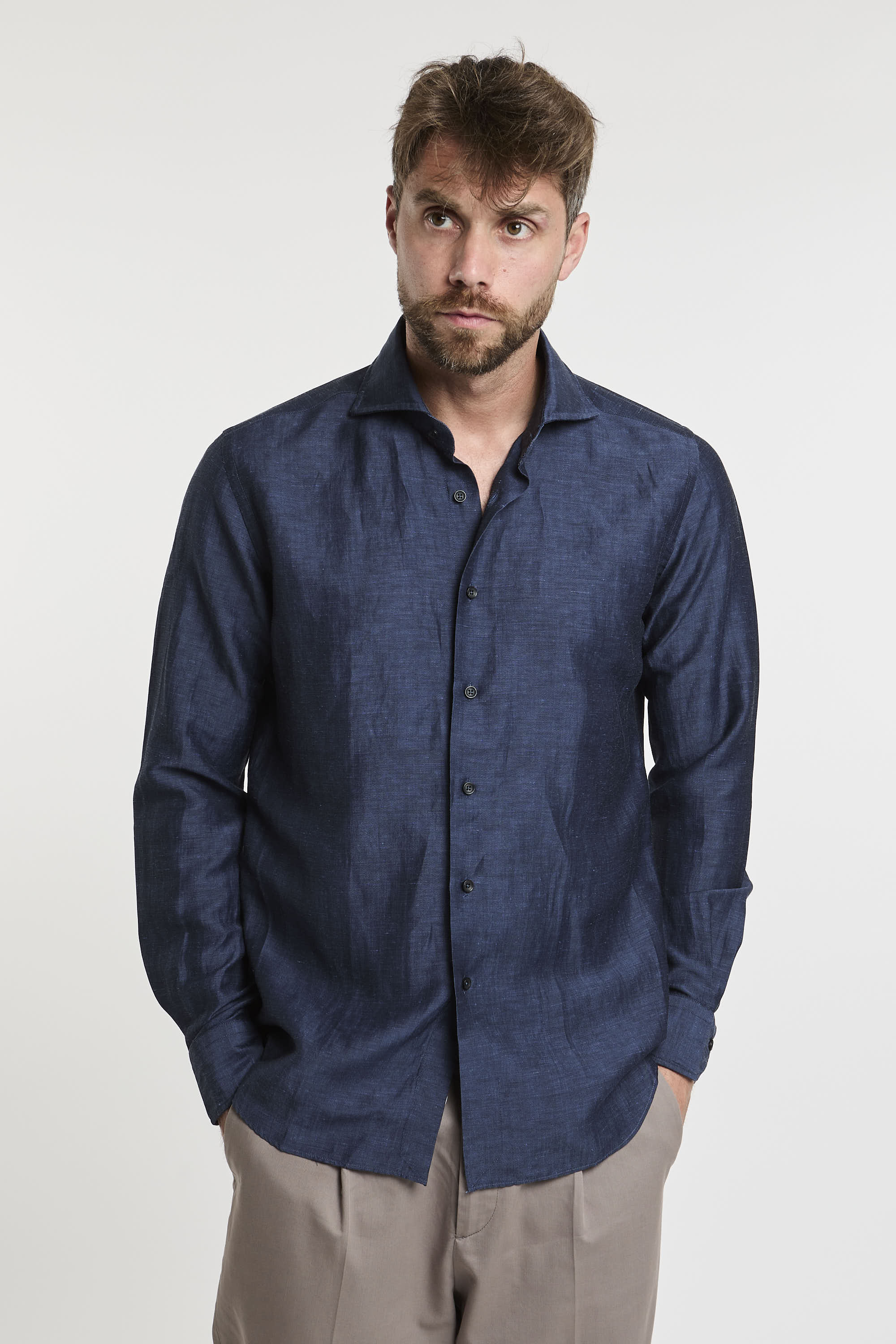 Xacus Wool/Linen Blend Shirt Blue-1