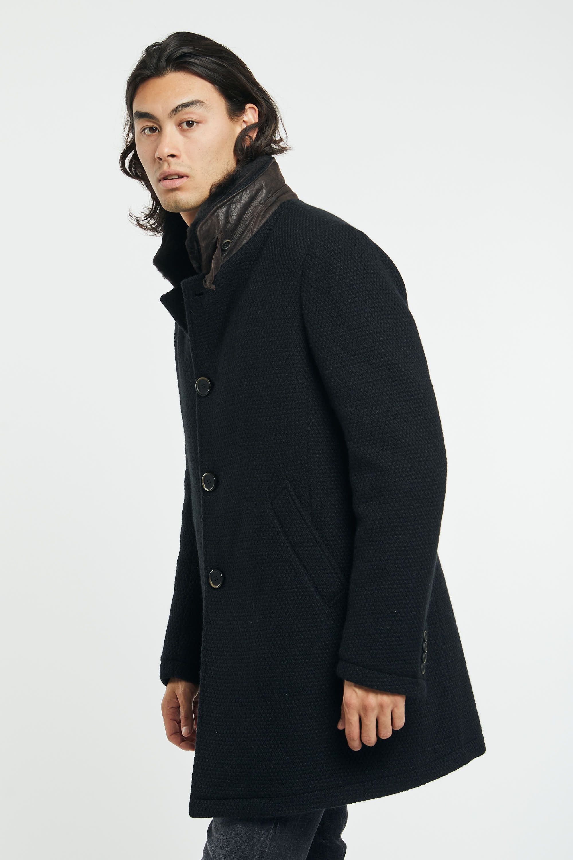 Gimos Black Coat Mixed Wool and Leather-4