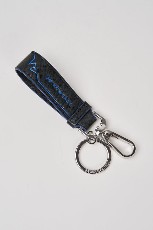 Emporio Armani Regenerated Leather Keyring with Graphic Eagle Black
