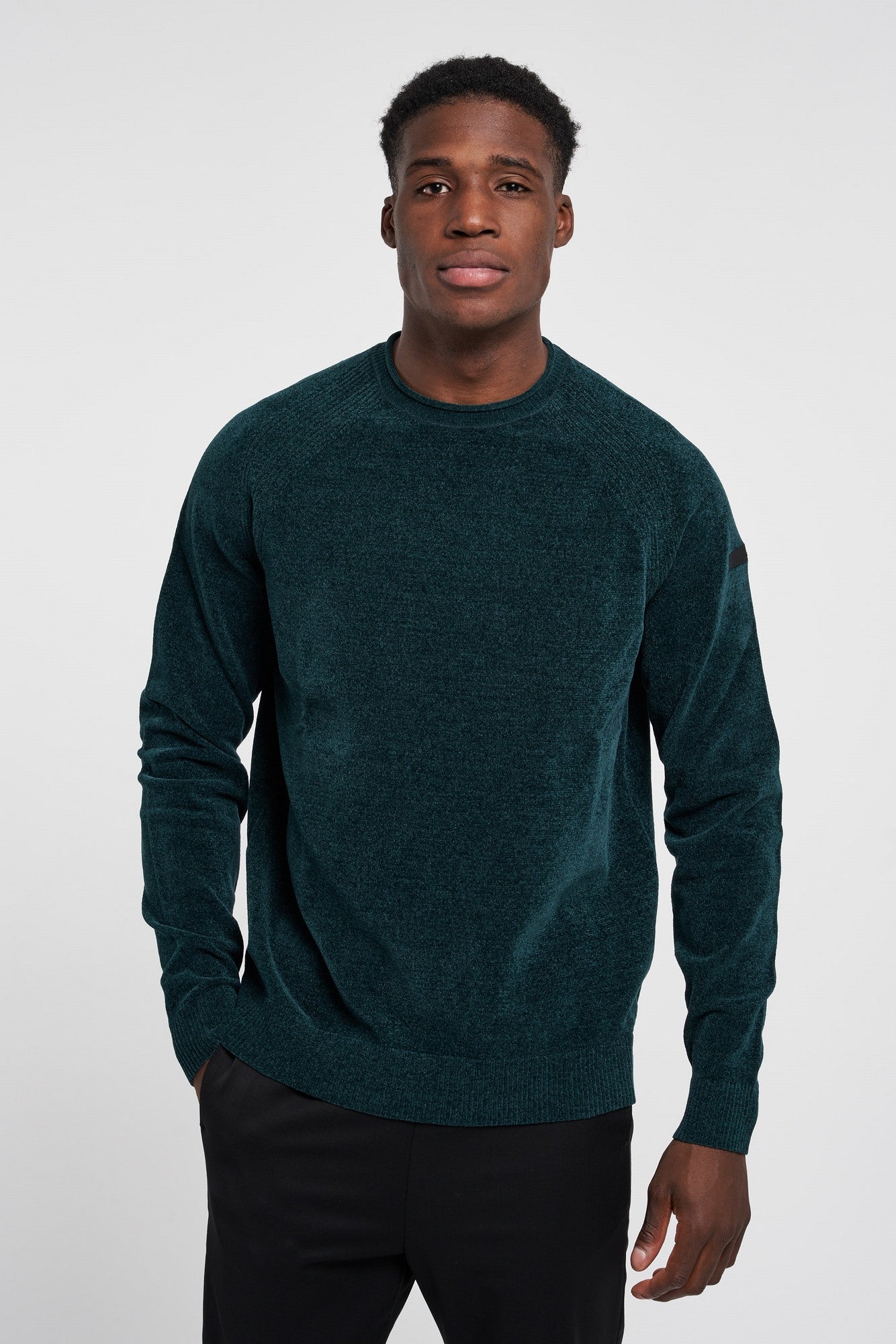 RRD Velvet Round Neck Sweater in Green Chenille - 1