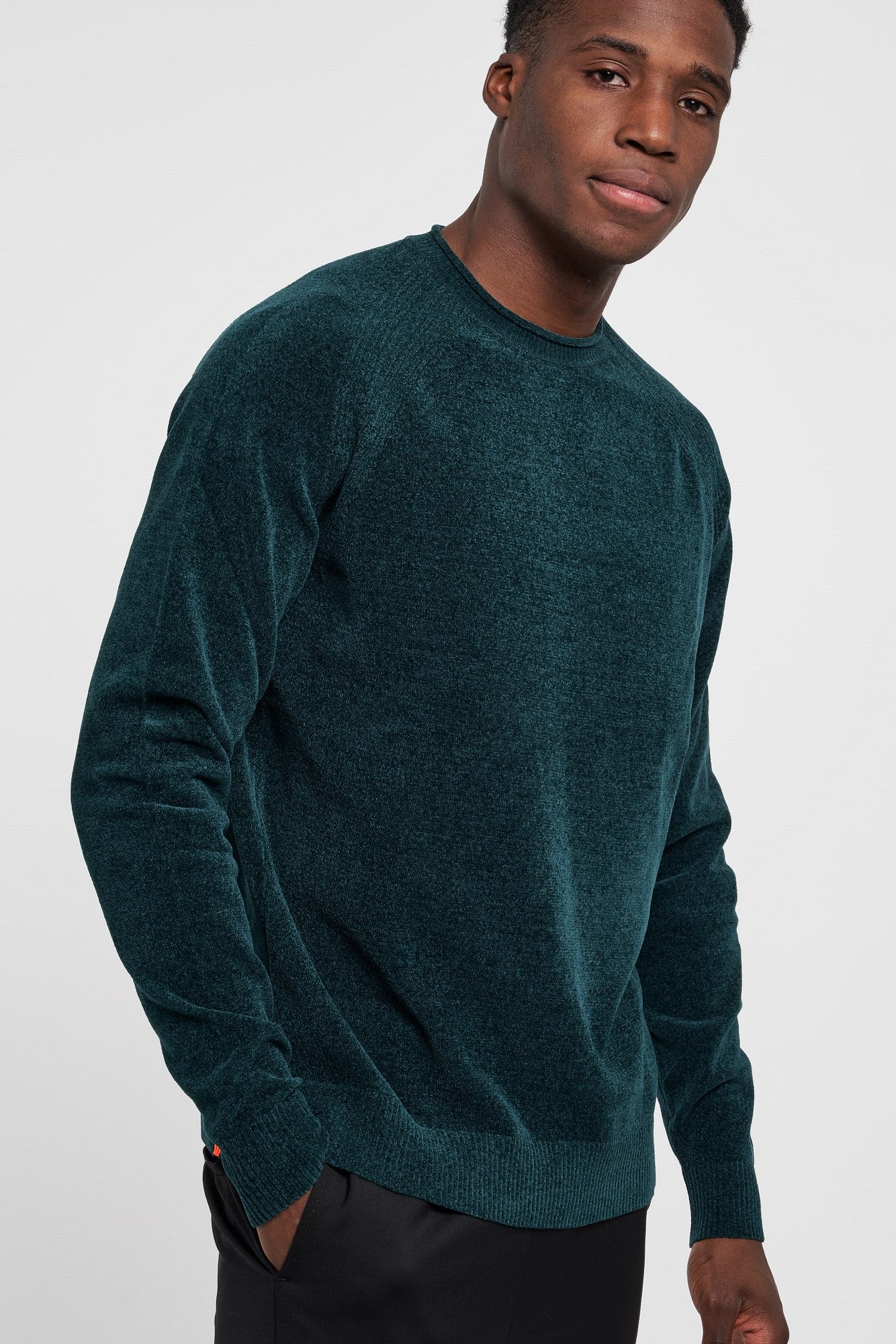 RRD Velvet Round Neck Sweater in Green Chenille-3