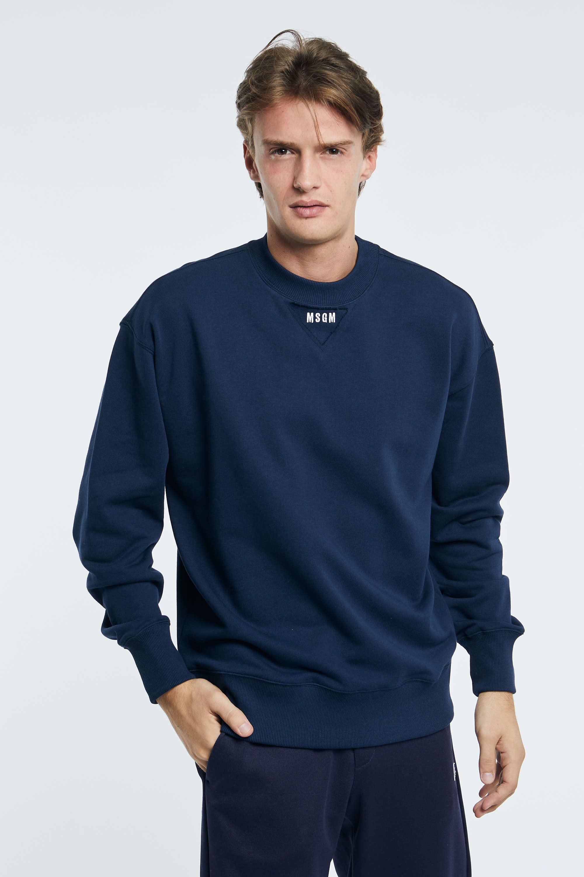 MSGM Round Neck Sweatshirt with Micro Logo Blue Cotton - 1