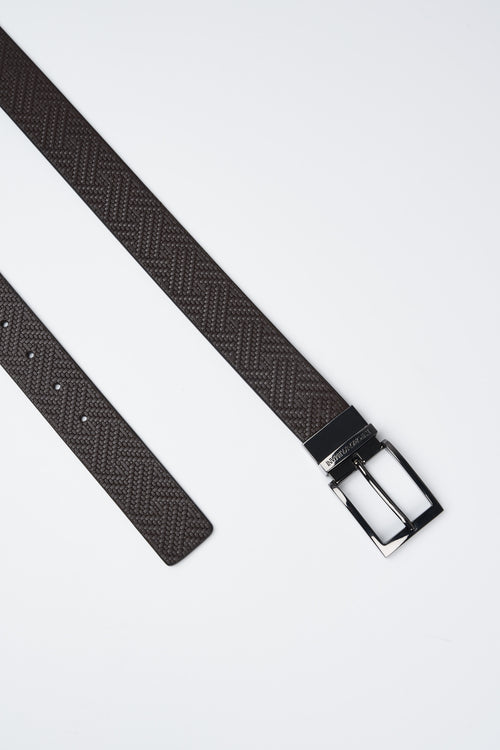 Reversible belt in woven print leather