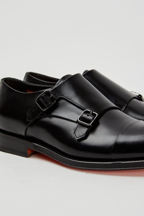 Santoni Double Buckle Antiqued Leather Black - 5